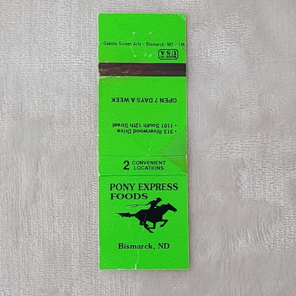 Vintage Matchbook Cover Pony Express Foods Bismarck ND North Dakota Green - Picture 3 of 4